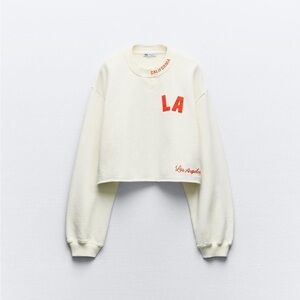 Zara Varsity Text Plush Cropped Sweatshirt Ecru California Los Angeles